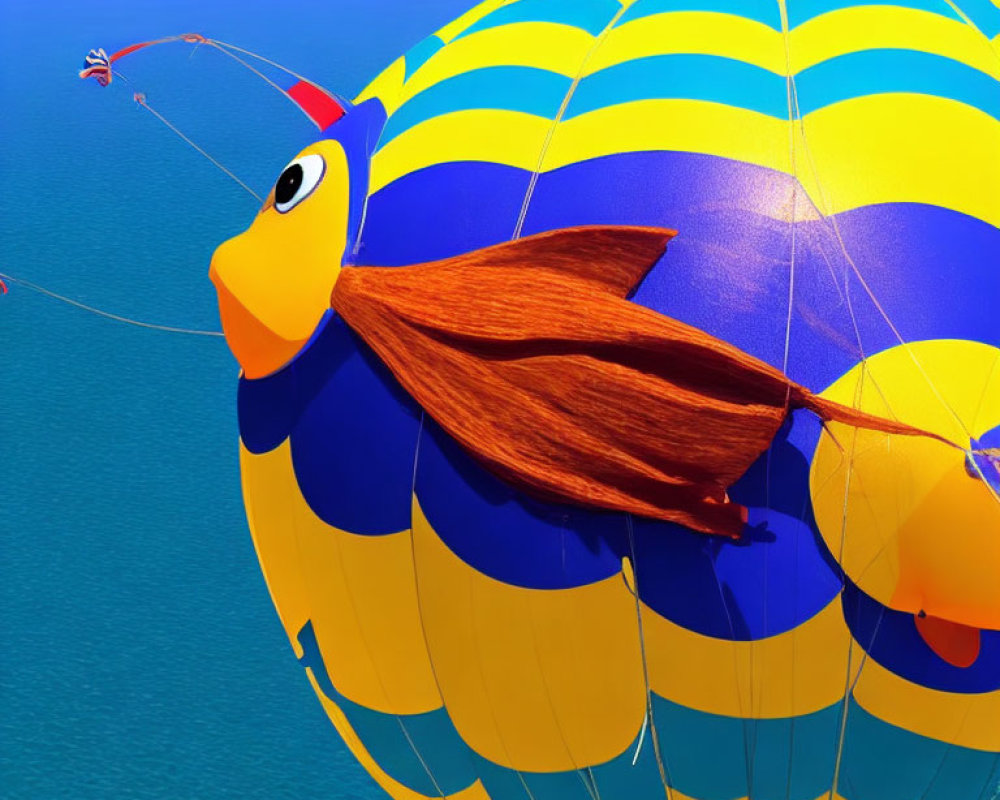 Vibrant fish-shaped hot air balloon over blue sea with parasailing person