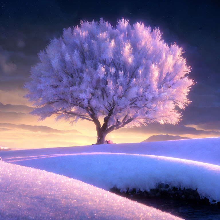 Frost-covered tree in twilight against snowy landscape