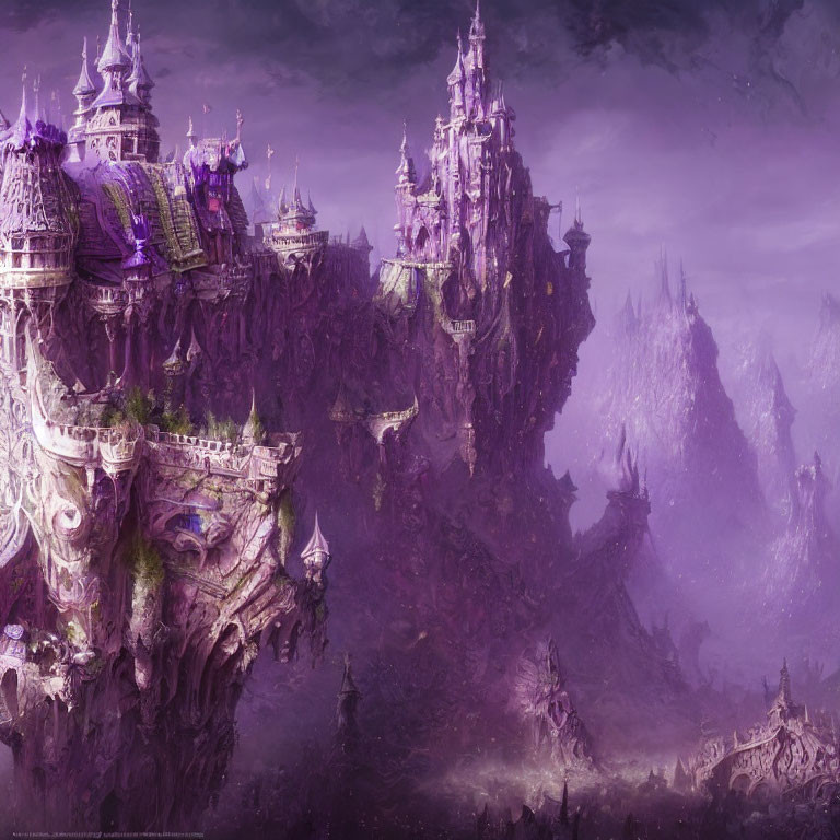 Fantasy Floating City with Spired Castles in Purple Mist