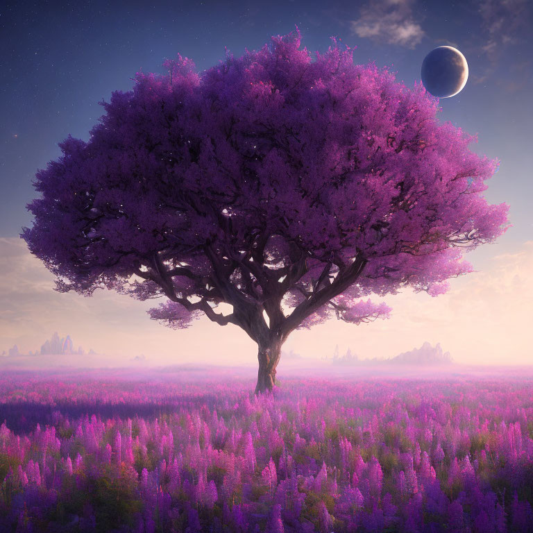 Majestic purple tree in lavender field under twilight sky