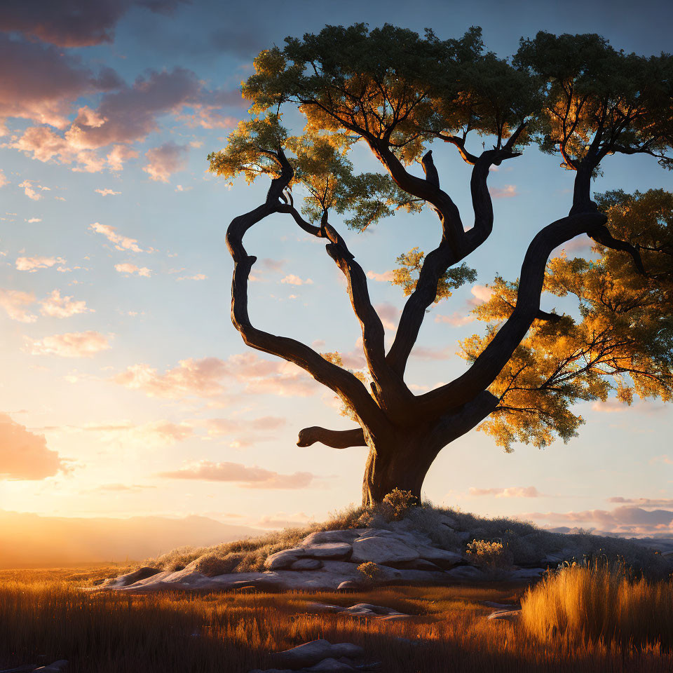 Majestic tree on rocky outcrop at sunset with tall grass