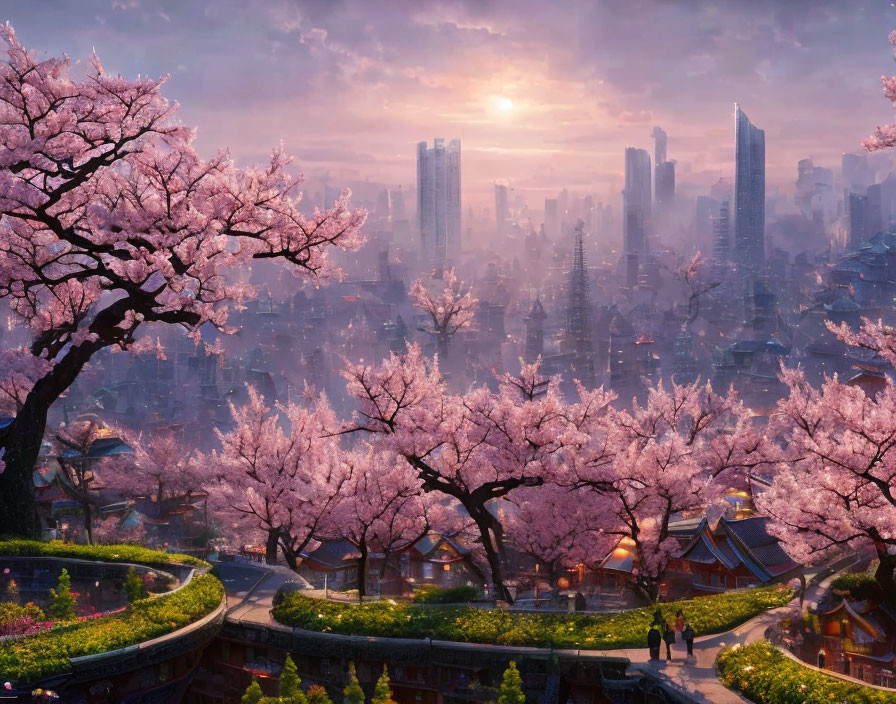 Cityscape at Sunrise: Cherry Blossoms, Paths, Traditional & Modern Buildings