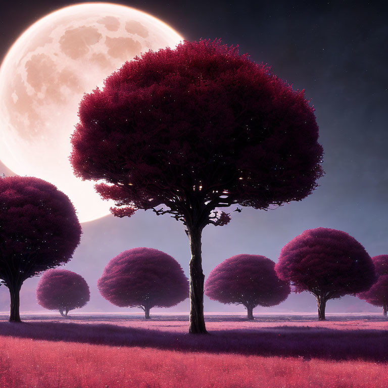 Mystical landscape with vibrant purple trees under large moon