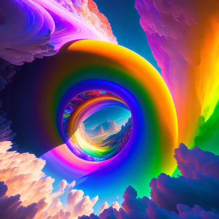 Colorful digital art: surreal landscape with swirling clouds, rainbows, circular portal leading to mountain scene