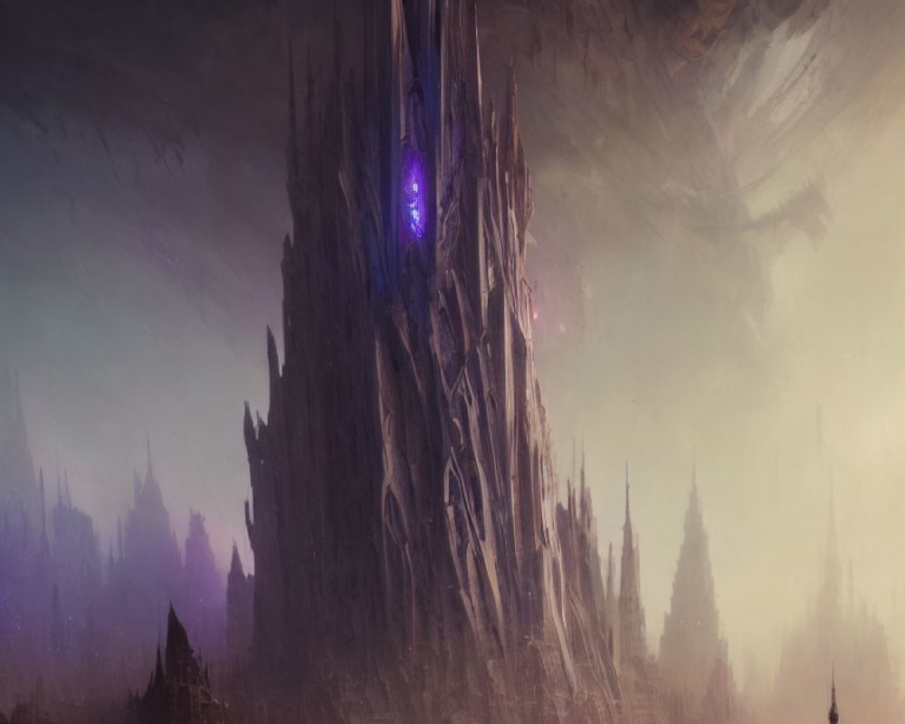 Gothic Dark Fantasy Castle with Eerie Purple Lights
