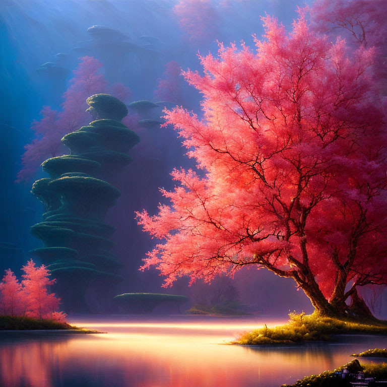 Pink Trees, Lake, Green Rocks: Golden Light Scene