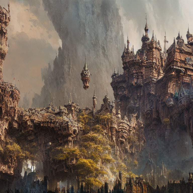 Intricately detailed fantasy landscape with towering spires and floating island