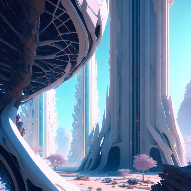 Futuristic alien landscape with towering organic structures and tall slender trees