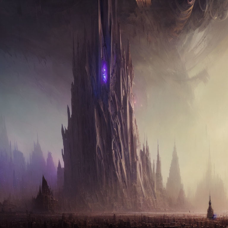 Gothic Dark Fantasy Castle with Eerie Purple Lights