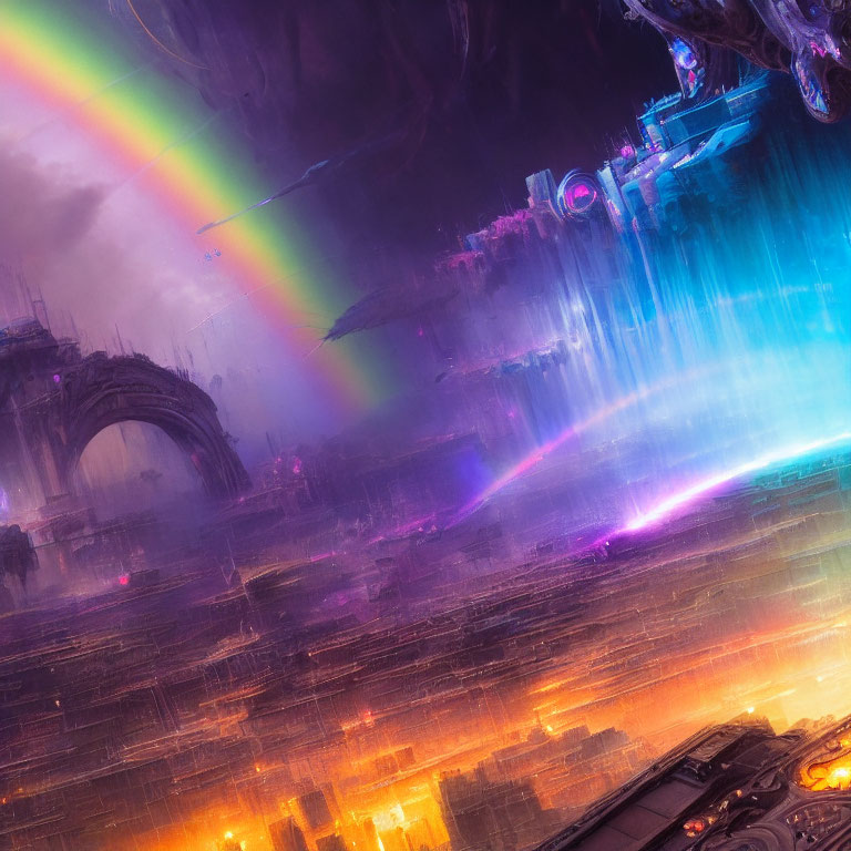 Futuristic cityscape with neon lights and rainbow in dark sky