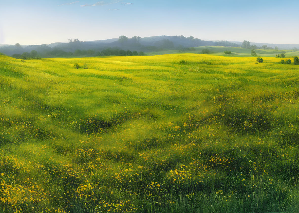 Tranquil landscape with green field, yellow wildflowers, and rolling hills