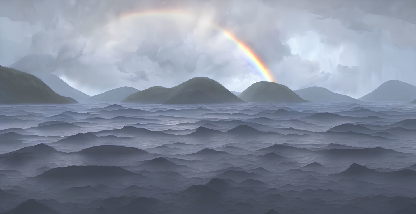 Tranquil seascape with rainbow over misty islands