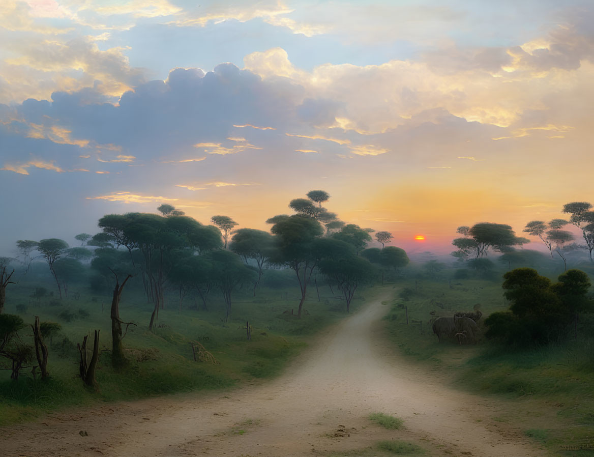 Savannah sunrise: elephants by tranquil dirt road