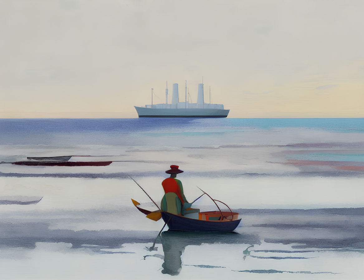 Person in small boat gazes at large ship on calm sea under gradient sky