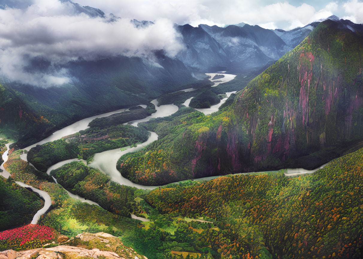 Scenic river flowing through lush mountain landscape