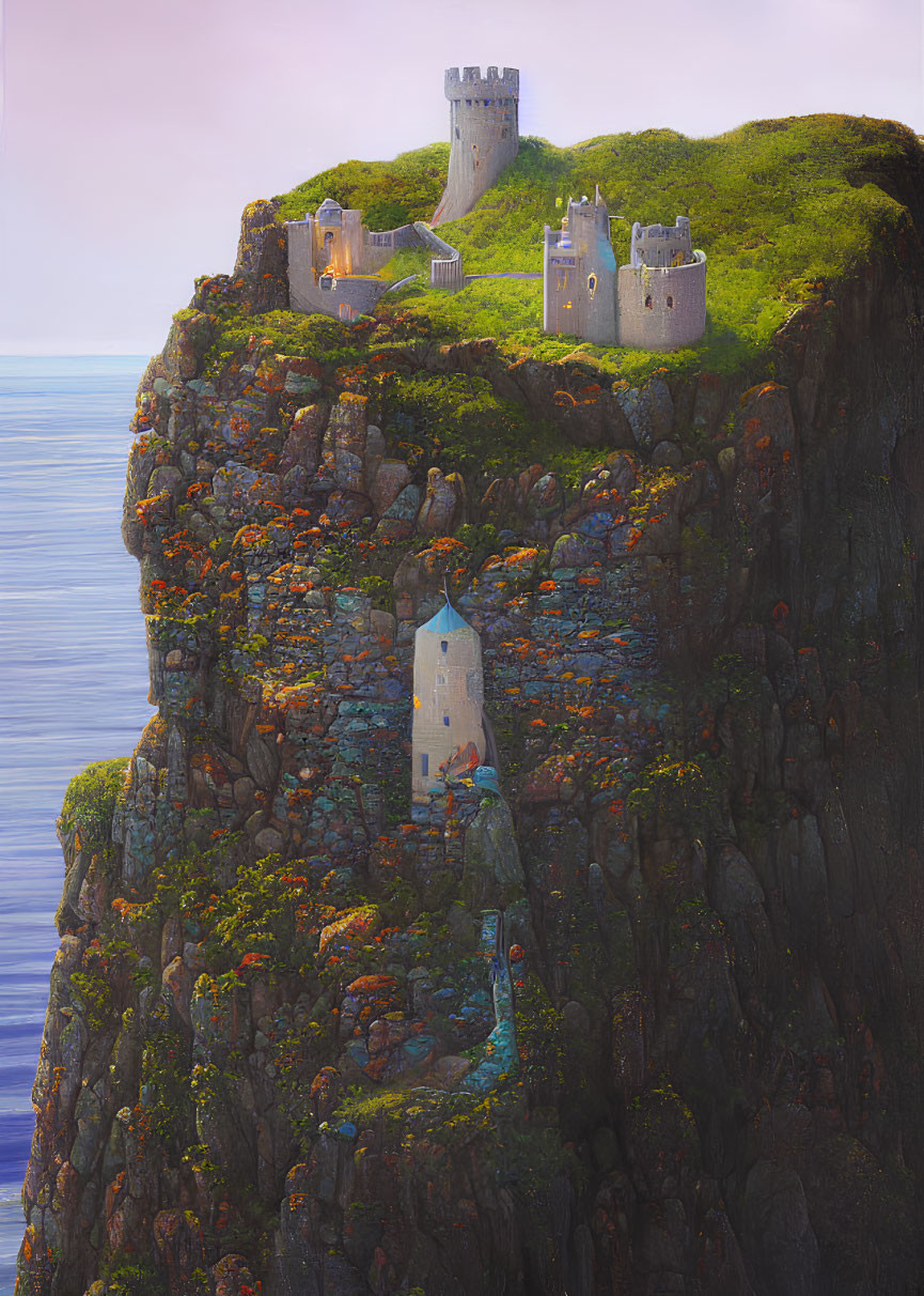 Cliffside scene with towering castle and secluded tower amidst lush greenery