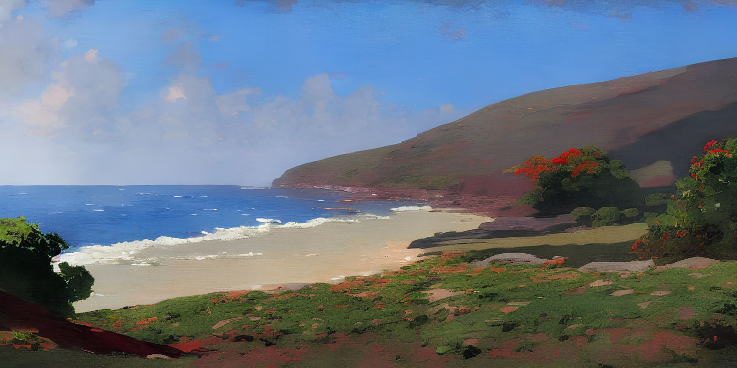 Tranquil beach scene with green foliage, red flowers, sandy shore, waves, blue sky