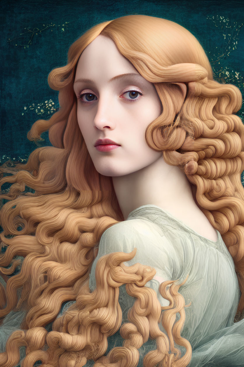 Pensive woman with golden curls in pale dress on teal background