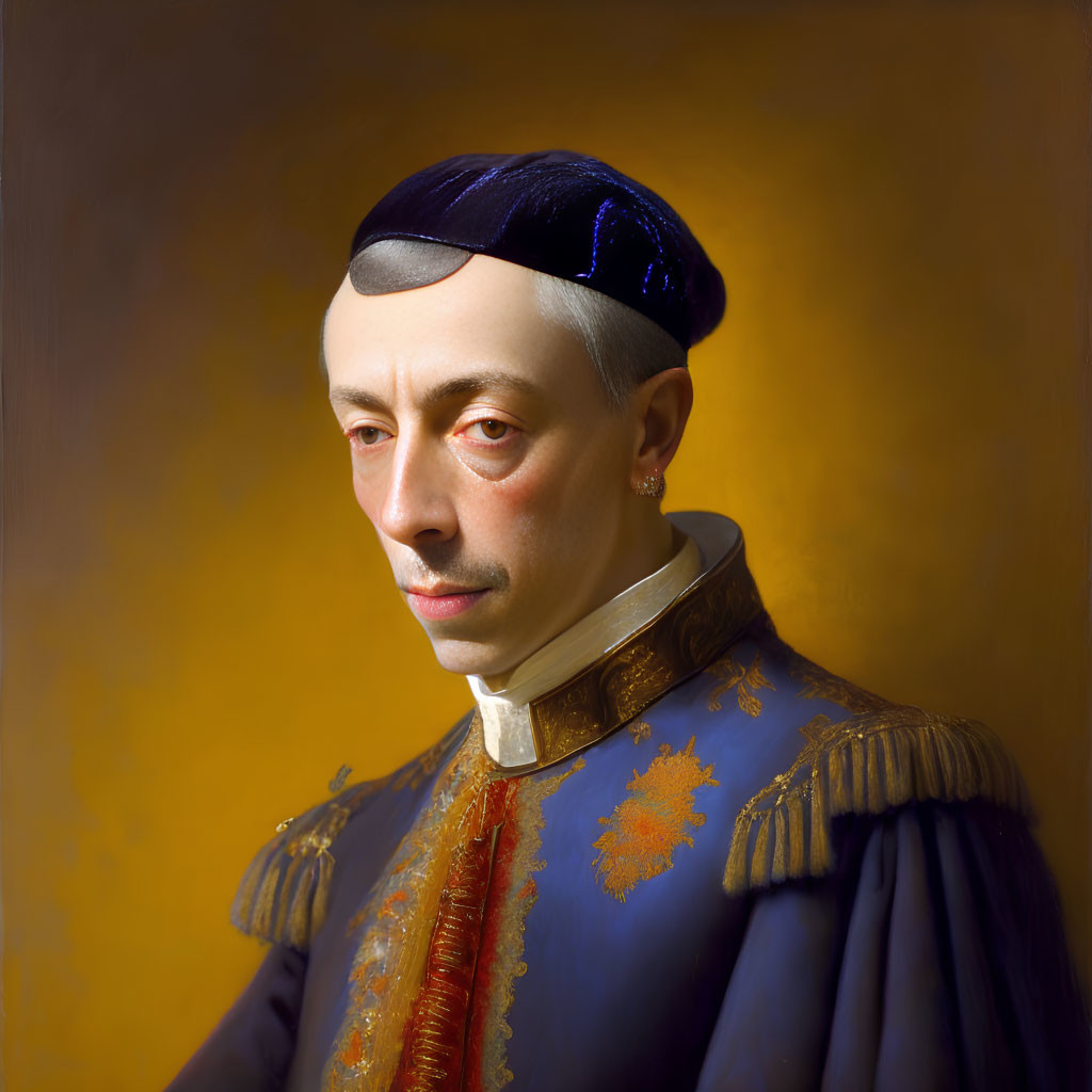Man in Historical Dress with Blue Hat and Embroidered Collar on Yellow Background