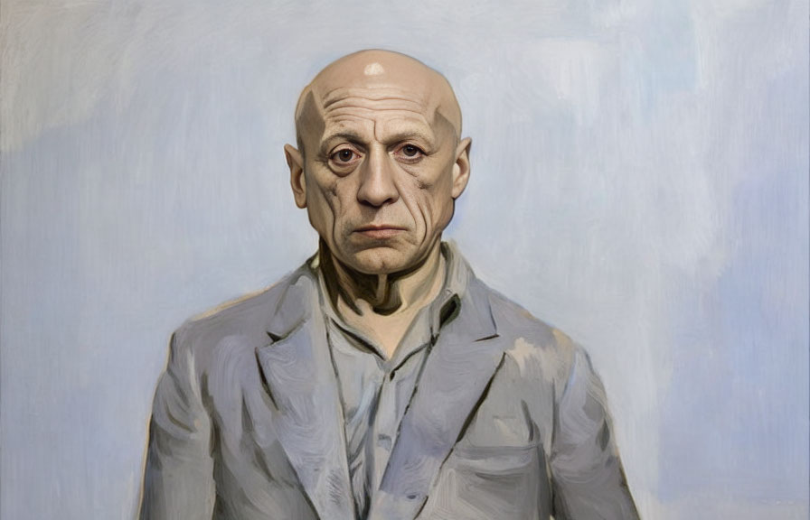Realistic Bald Man Portrait in Grey Shirt on Pale Blue Background