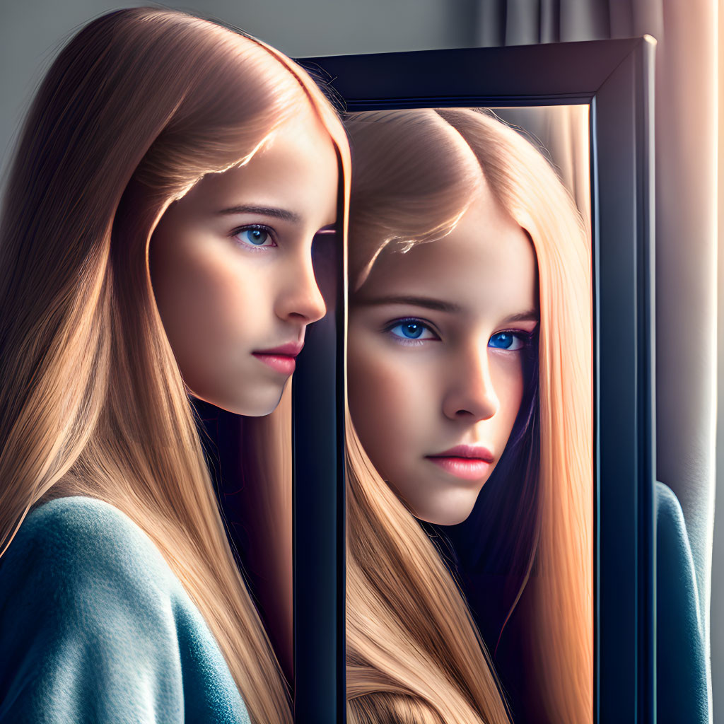 Blonde woman gazes at reflection in handheld mirror