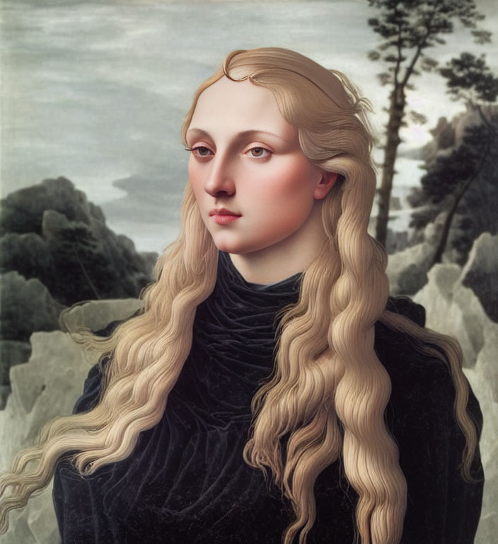 Portrait of Woman with Long Blonde Hair in Black Turtleneck