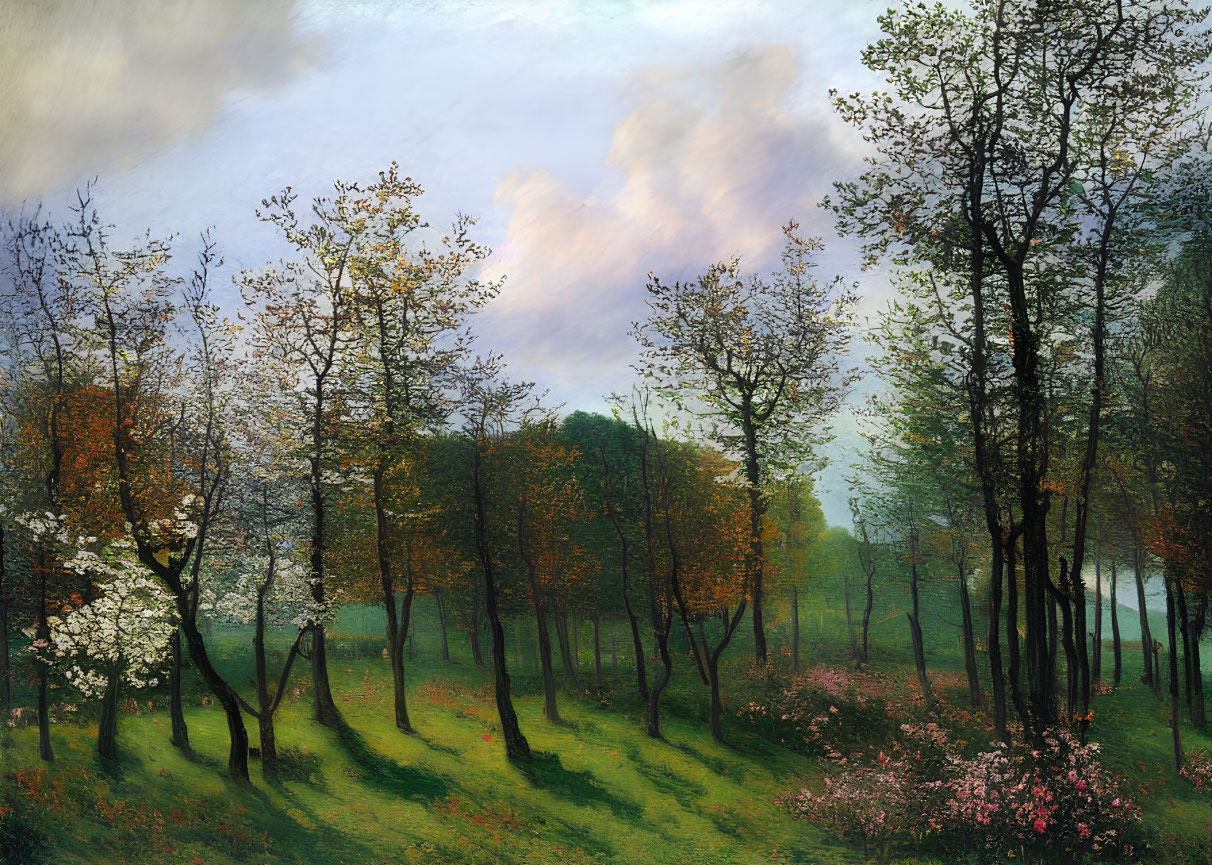 Tranquil landscape painting of lush forest and pastel sky