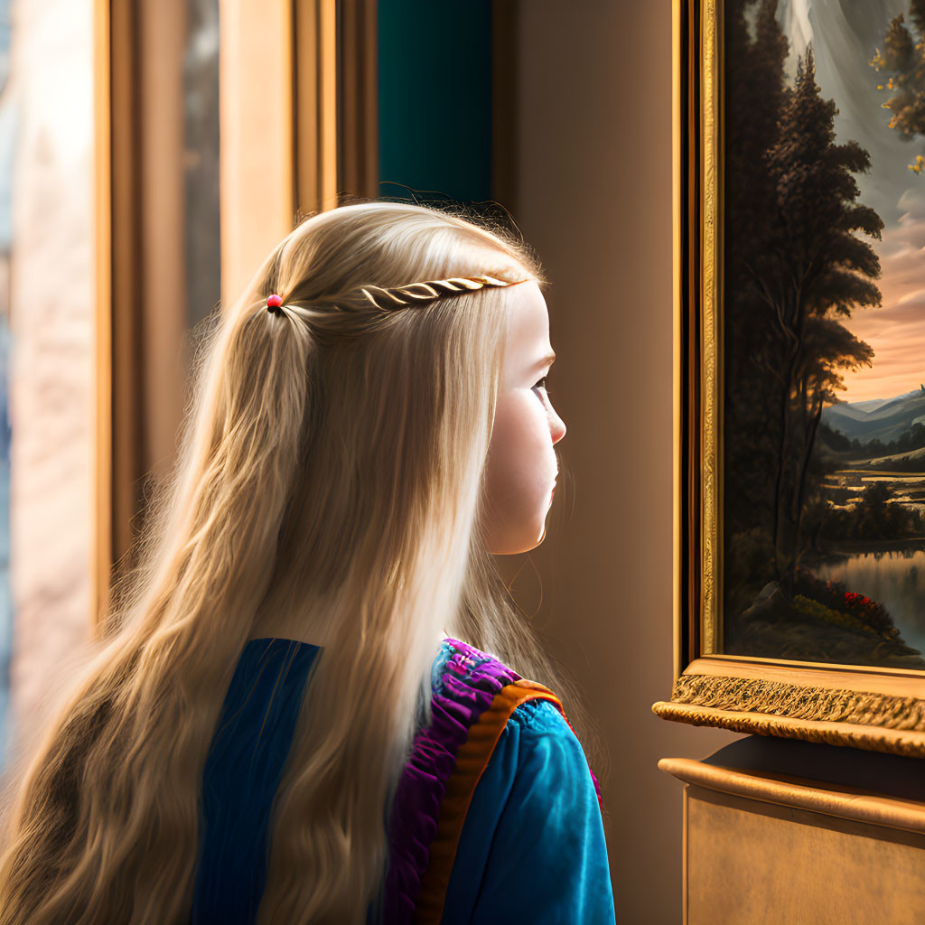 Blond girl with braided hair looking out window at sunset landscape.