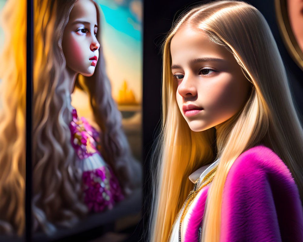 Blonde girl gazes at reflection in mirror with colorful dress