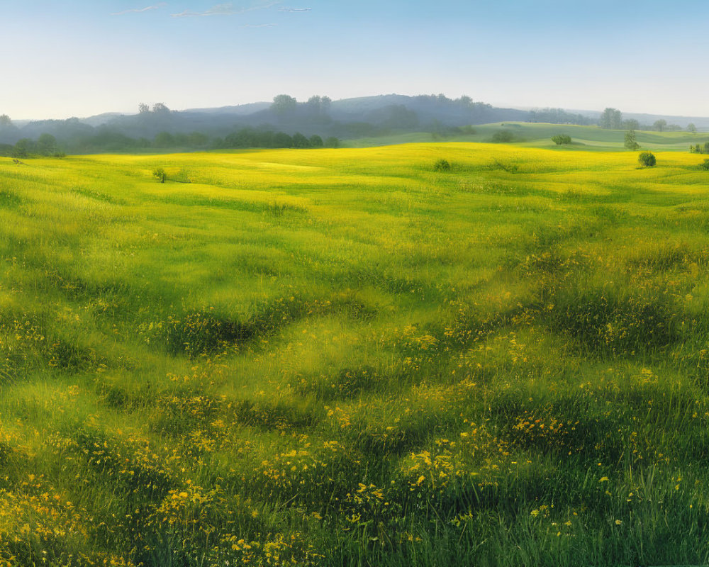 Tranquil landscape with green field, yellow wildflowers, and rolling hills