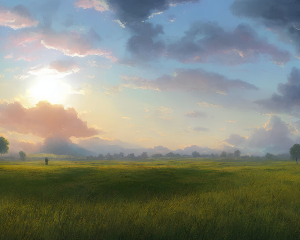 Tranquil sunrise over lush green field with lone figure