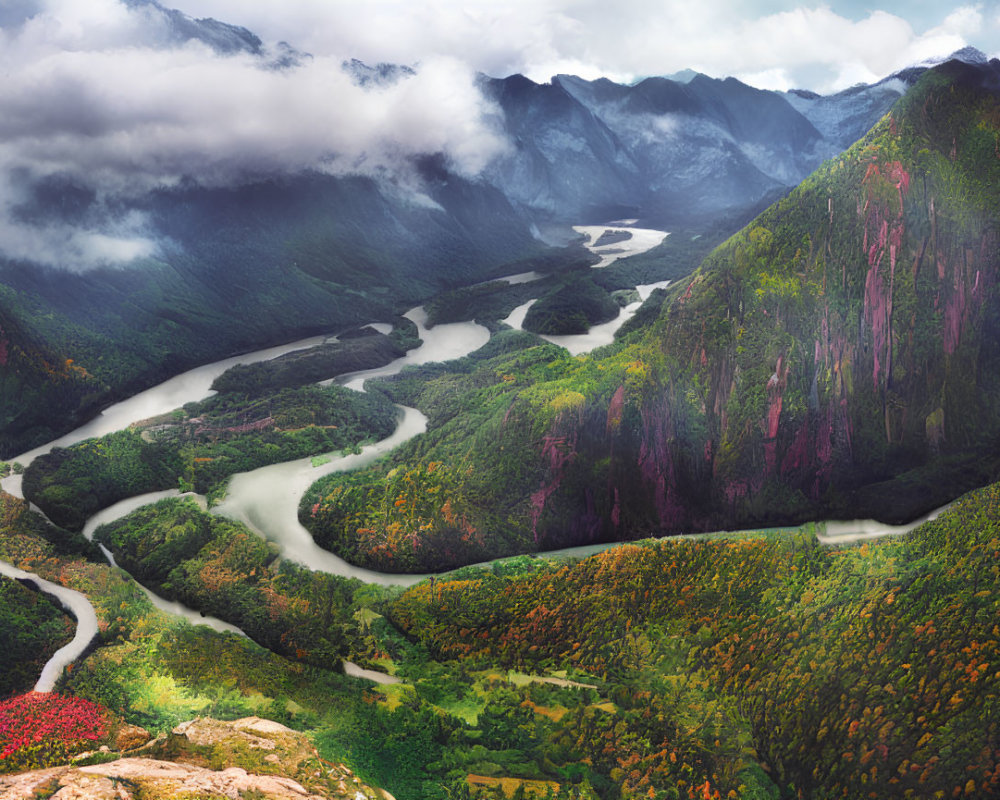 Scenic river flowing through lush mountain landscape