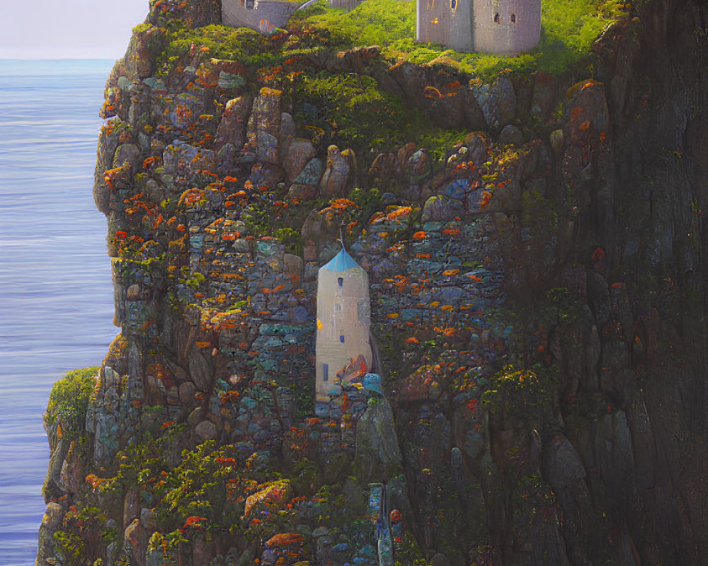 Cliffside scene with towering castle and secluded tower amidst lush greenery