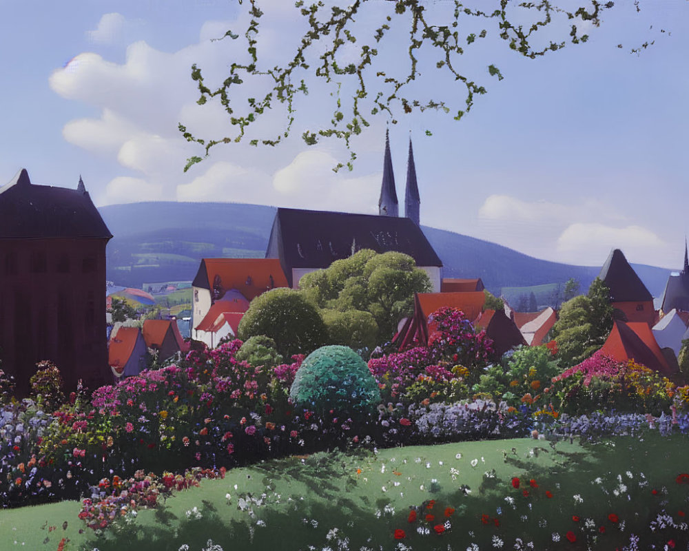 Colorful Village Scene with Blooming Flowers and Church Spires
