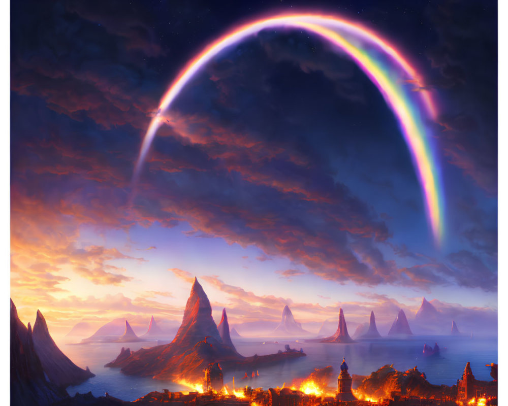 Colorful rainbow over coastal landscape with glowing city at dusk