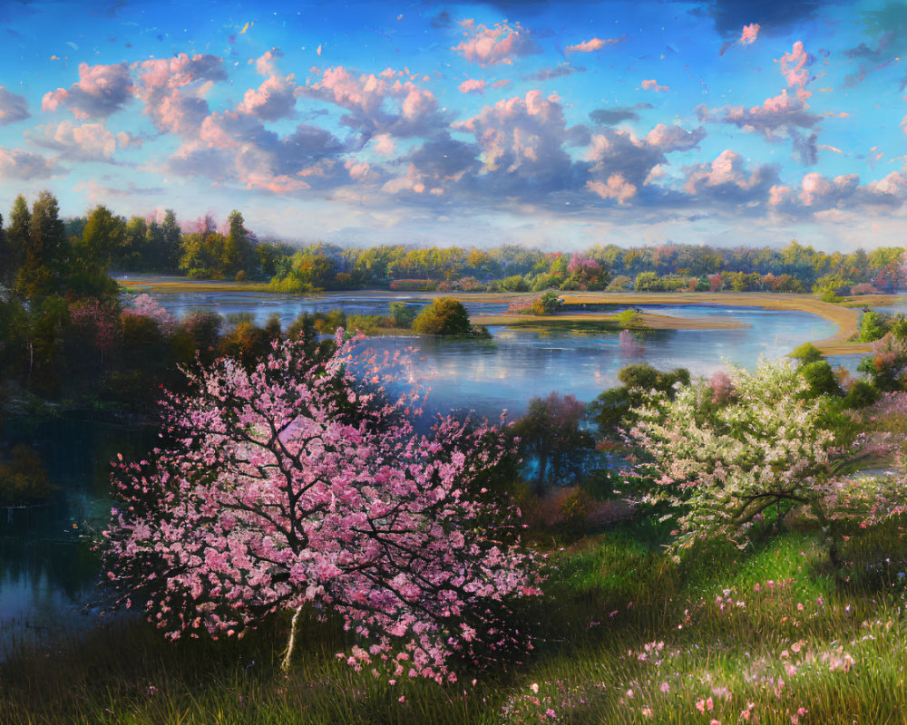 Scenic landscape with blooming cherry trees and river at sunset