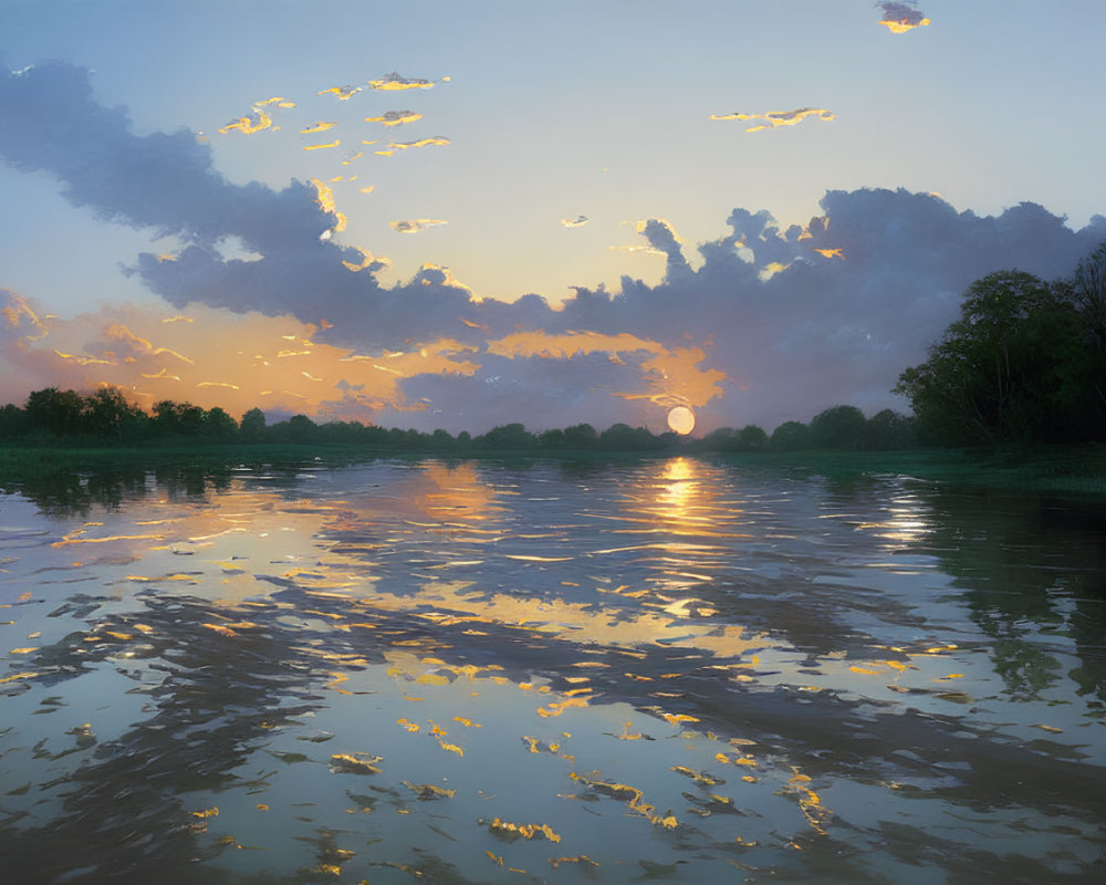 Tranquil Sunset Scene: River, Golden Light, Clouds, Trees