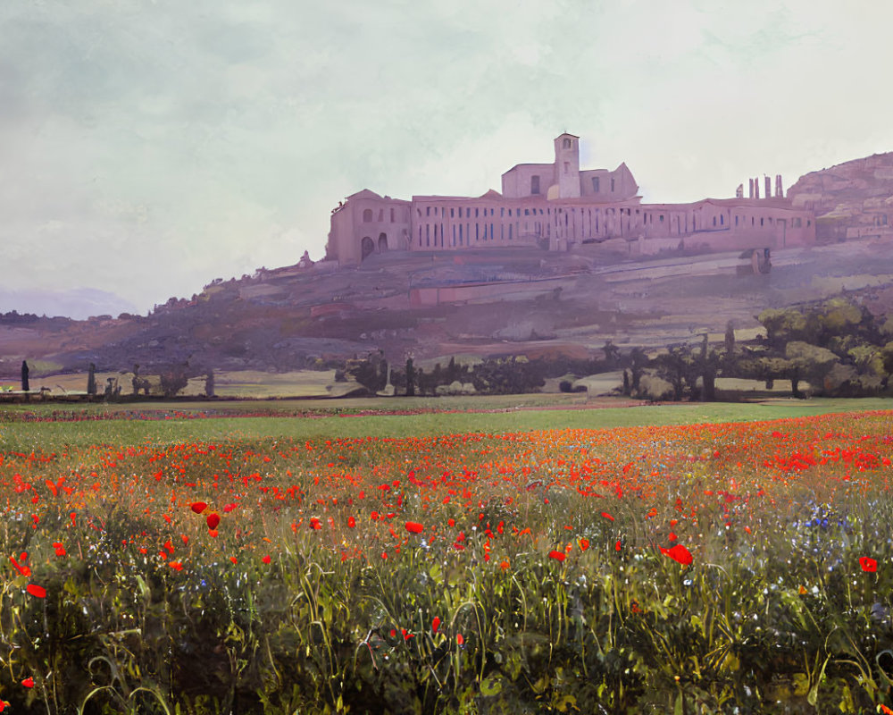 Scenic landscape with red poppies field and historic building on hill