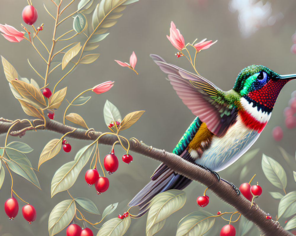 Colorful hummingbird on branch with greenery and berries in soft light