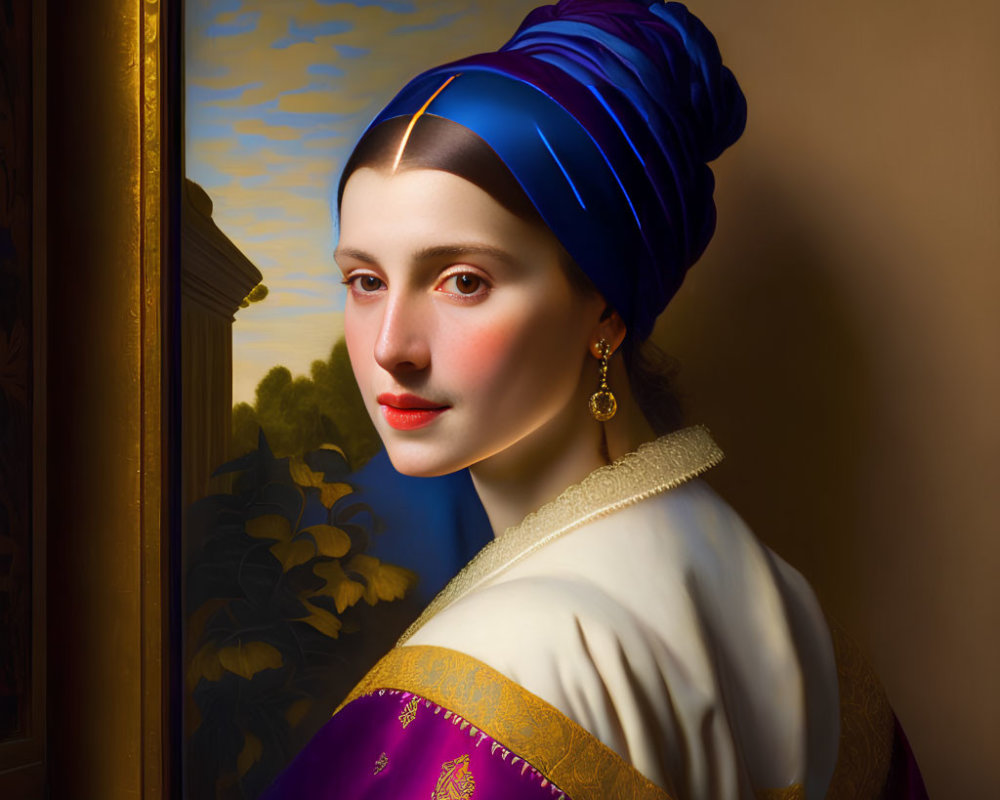 Woman in Blue Turban and Purple Garment Against Cloudy Sky
