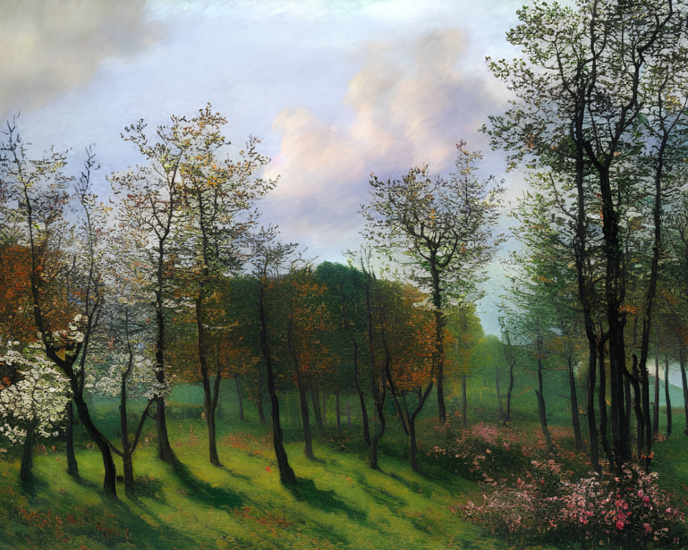 Tranquil landscape painting of lush forest and pastel sky