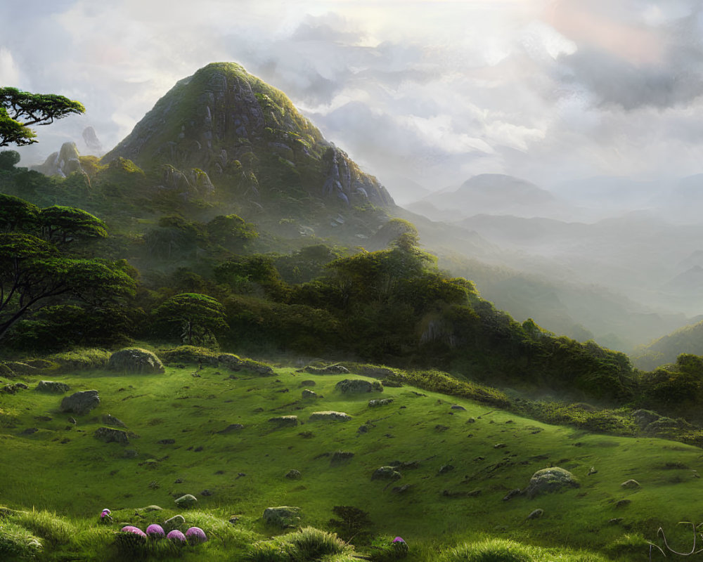Lush green meadow with boulders, trees, and misty mountain under cloudy sky