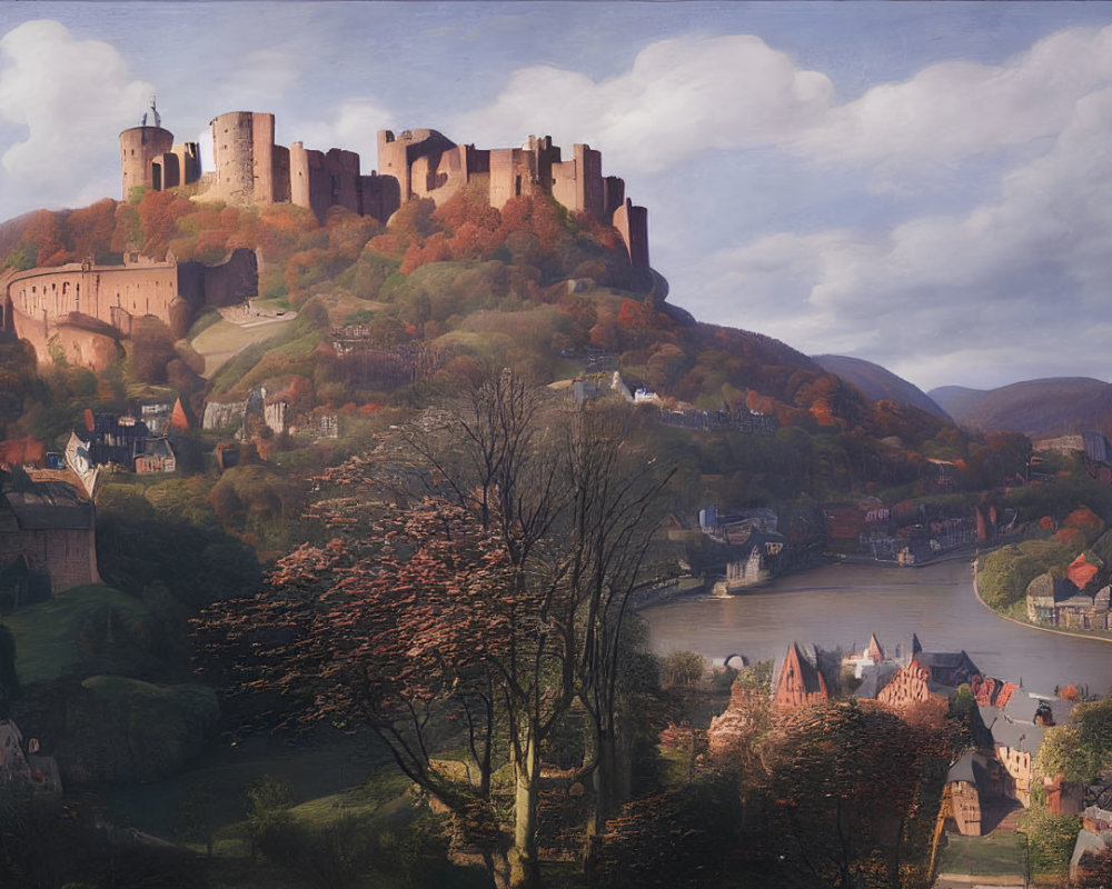 Scenic painting of grand castle overlooking river and medieval town amid autumn forests.