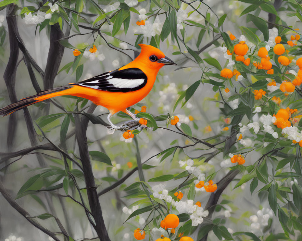 Colorful bird on branch with blossoms and fruits in misty background