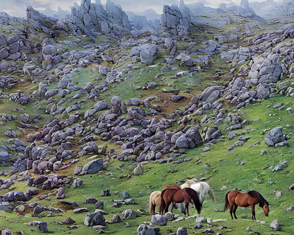 Horses grazing on rocky terrain under cloudy sky