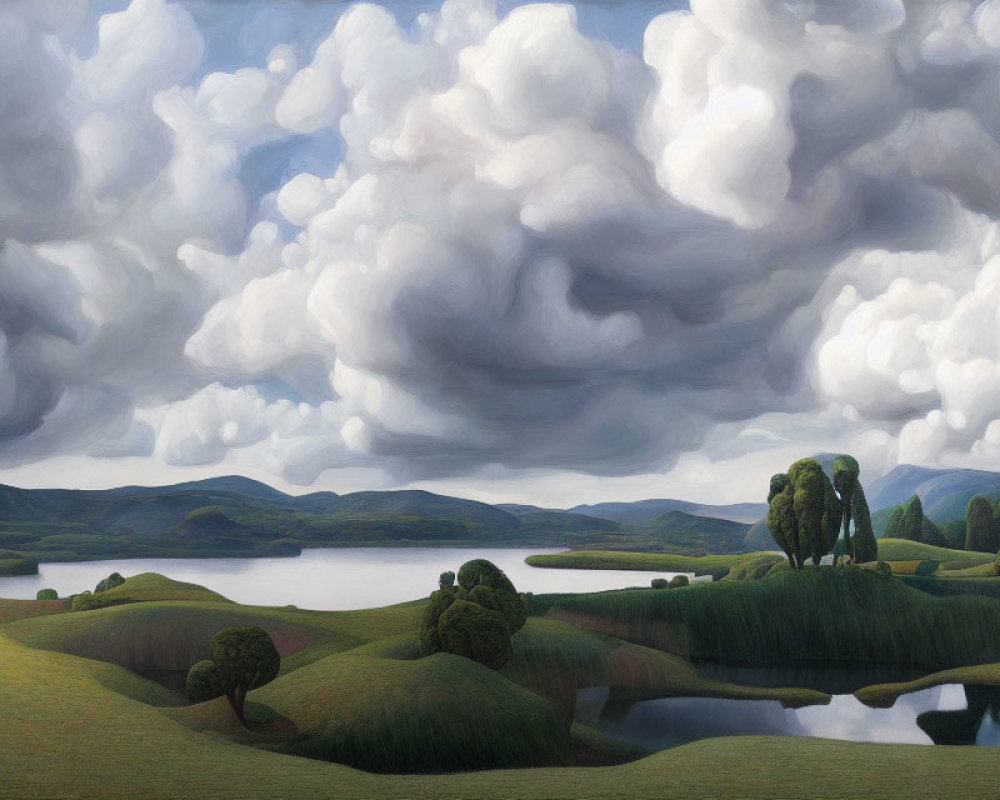 Scenic landscape: rolling green hills, dramatic sky, serene lake, cluster of trees
