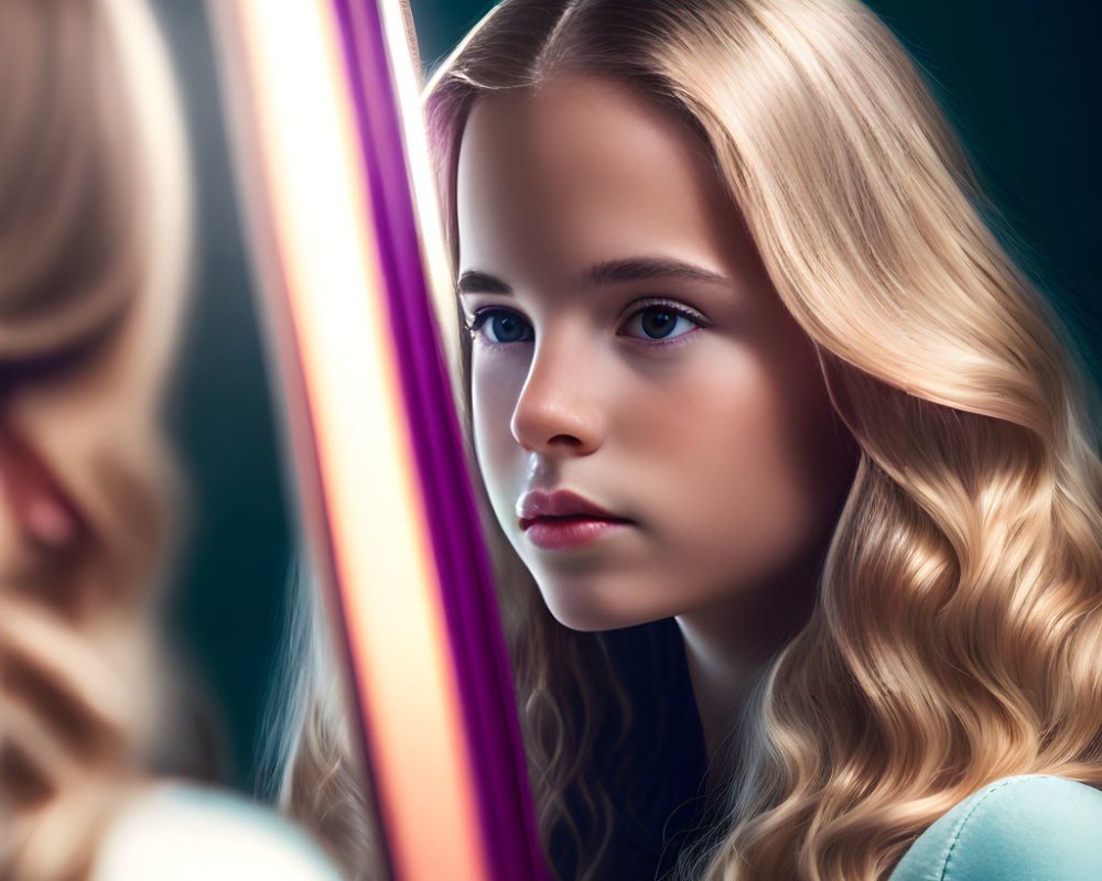 Young girl with wavy blond hair gazes at reflection in mirror under warm light
