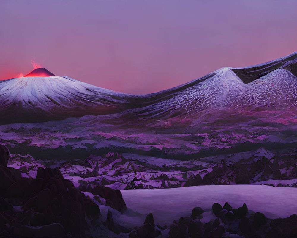 Snow-capped mountains under dusk sky with erupting peak in serene frozen landscape
