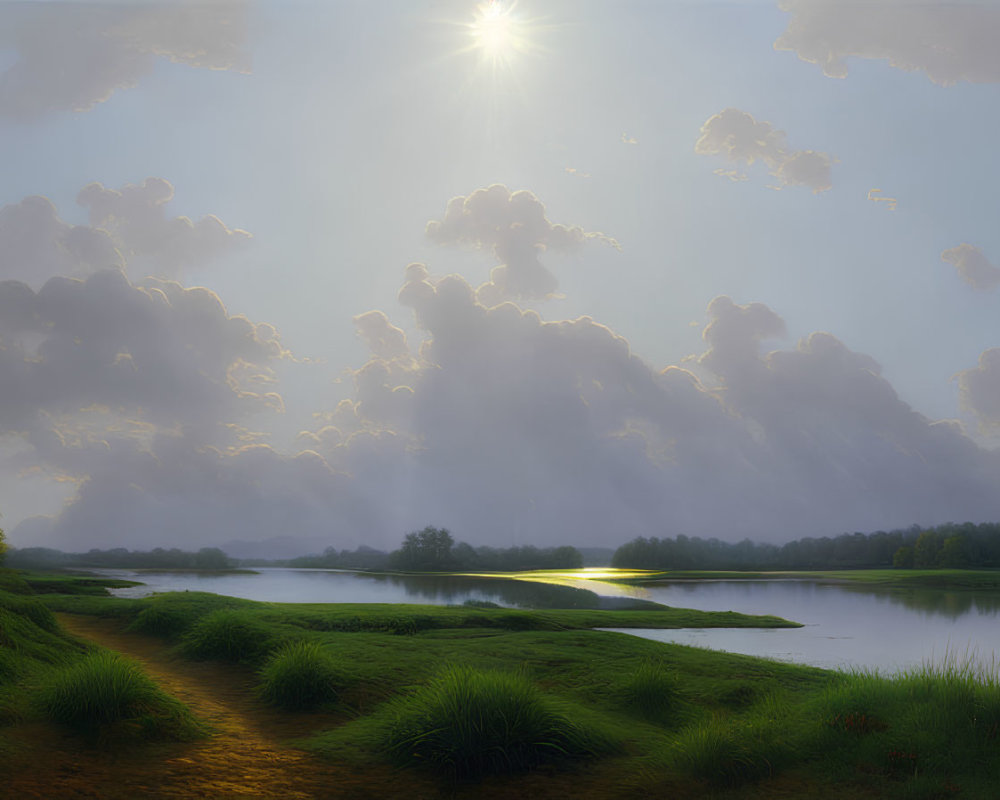 Tranquil landscape with radiant sun, fluffy clouds, and serene river