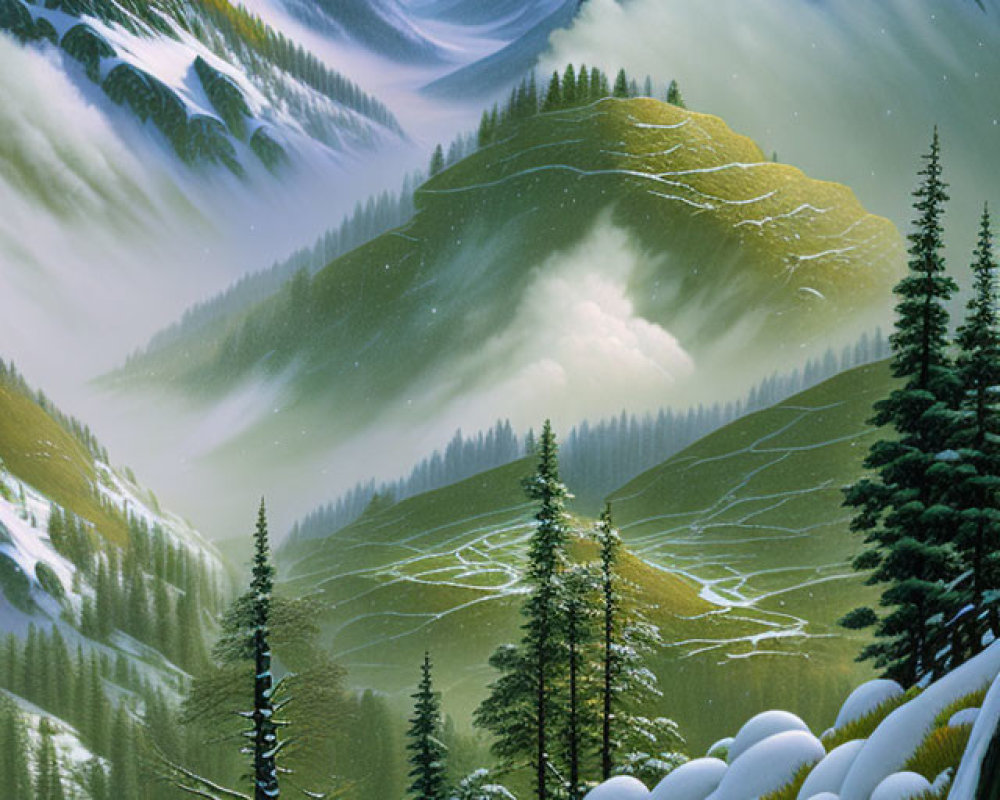 Snow-capped mountains and misty valleys in picturesque landscape.